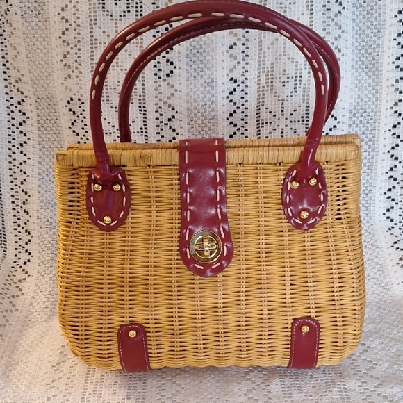 Vintage Style Wicker Purse Hand Bag Red Leather Purse Polka Dot Interior Magid - Picture 1 of 8